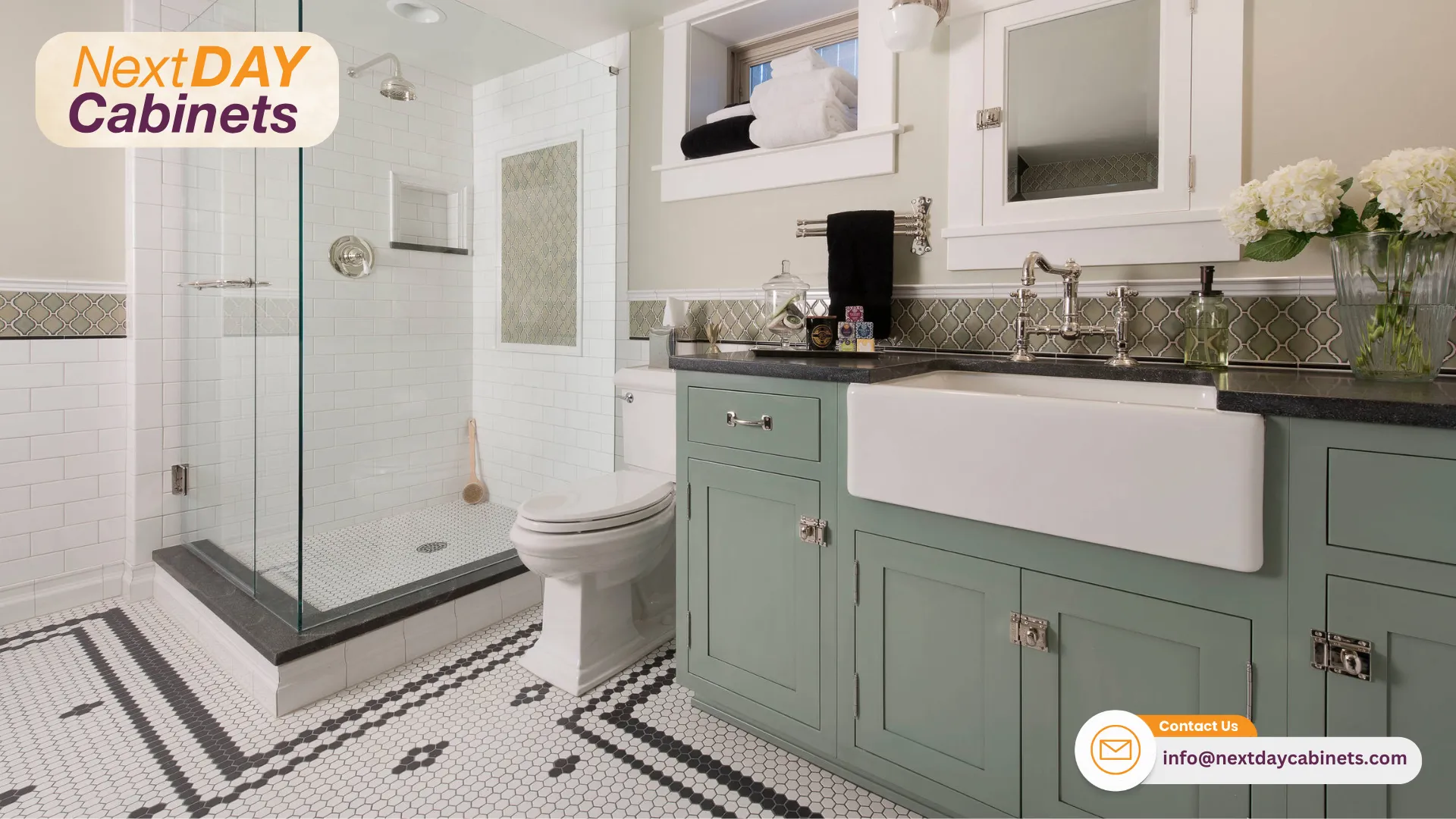 Farmhouse-Sink-with-Green-Bathroom-Vanities-with-Nextday-Cabinets-in-Richmond-VA