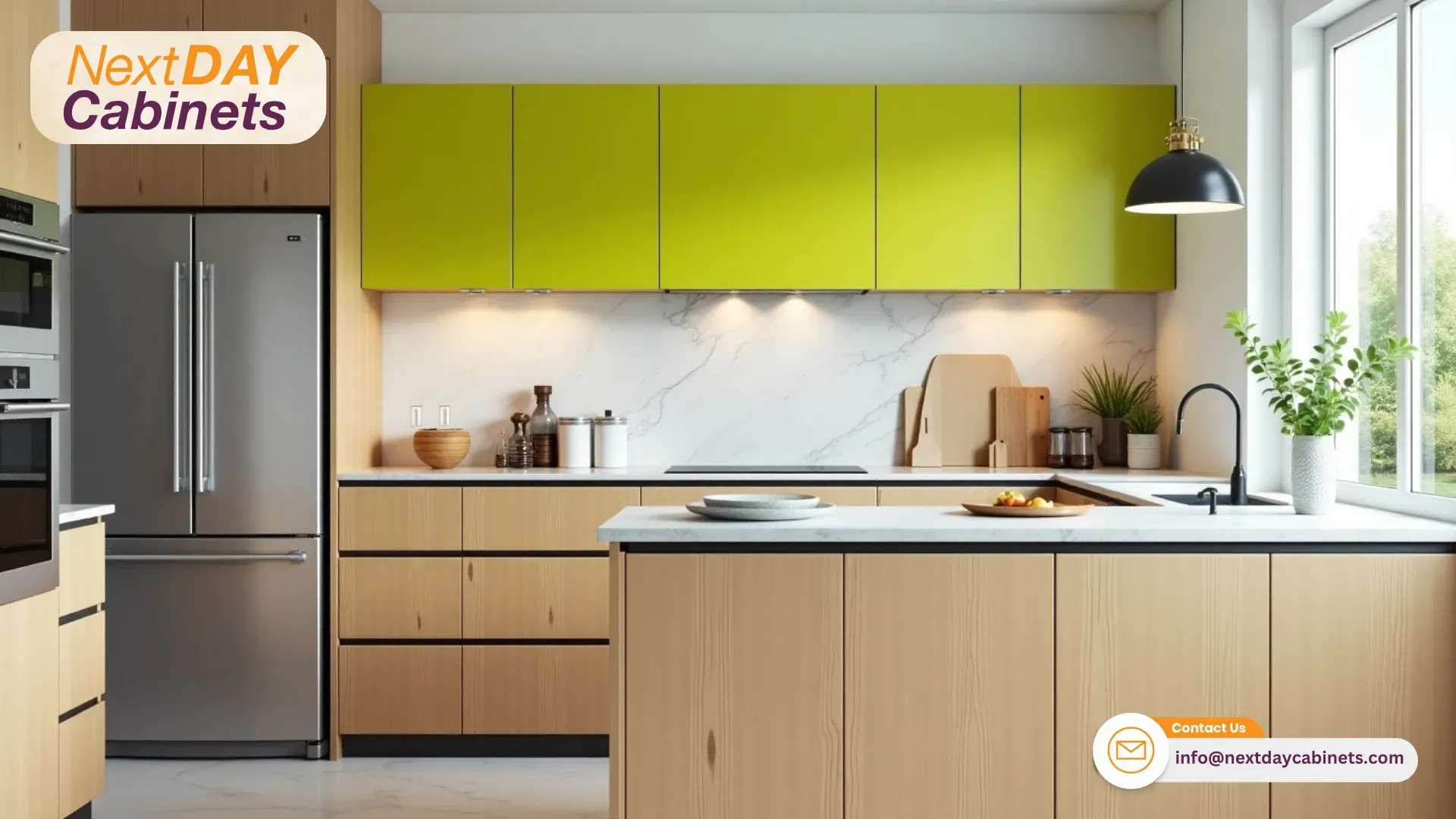Kitchen-Cabinets-having-Bold-Green-and-Natural-Wood-Combination