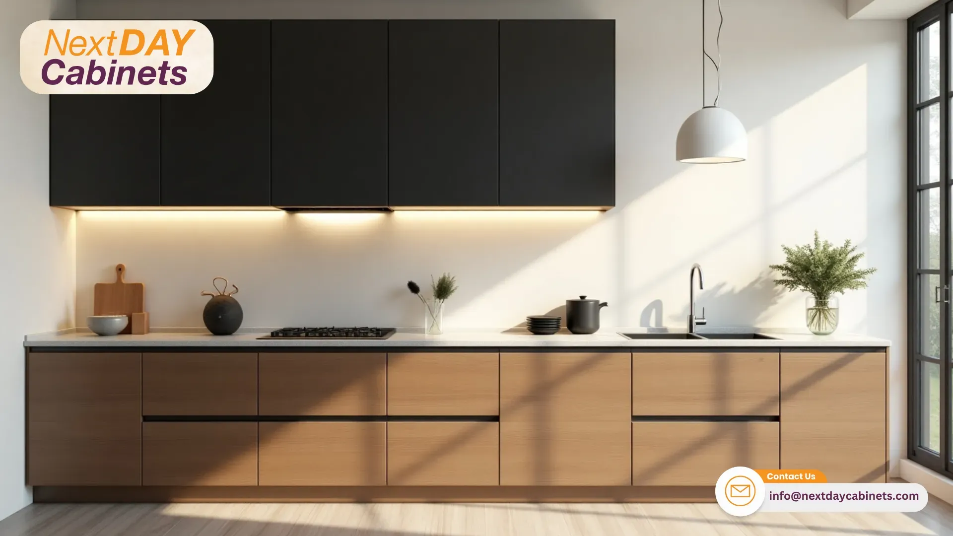 Two-Tone-Kitchen-Cabinets-having-Warm-Wood-Tones-Paired-with-Matte-Black