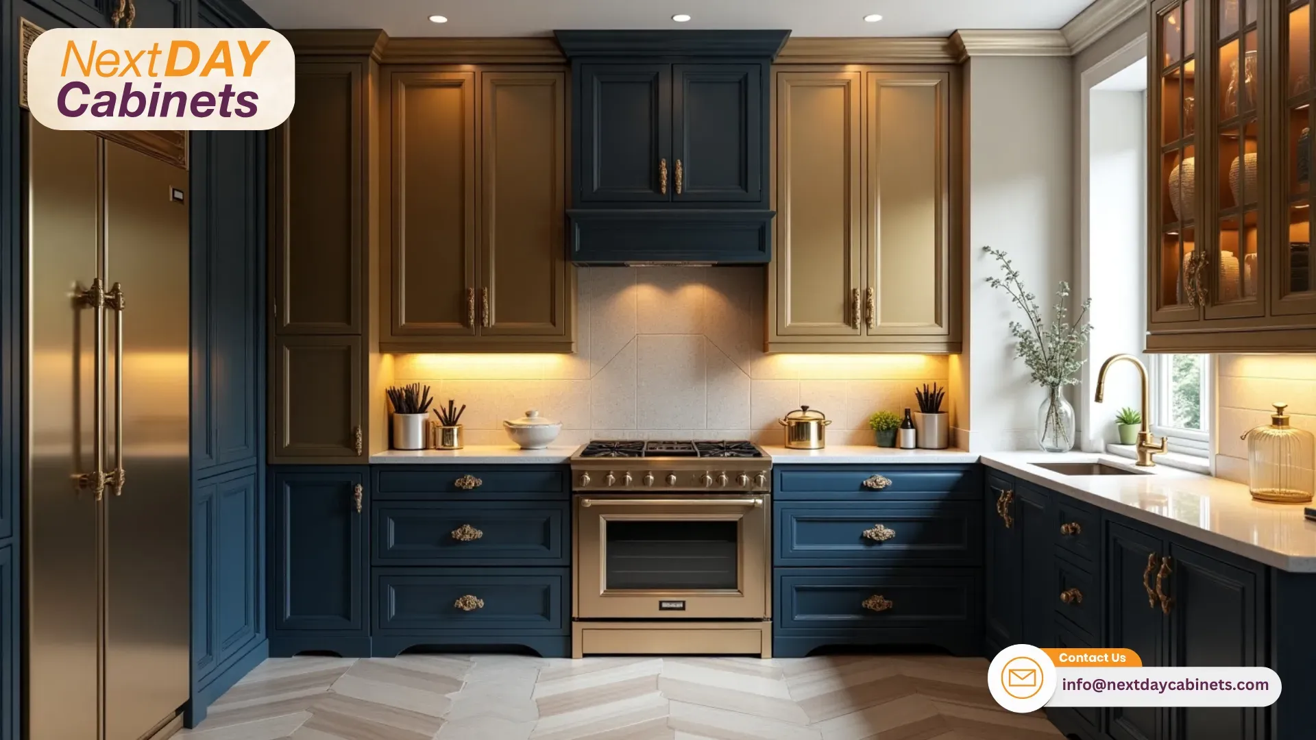 Two-Toned-Kitchen-of-Dark-Blue-and-Brass-Accents-for-Luxury-Appeal