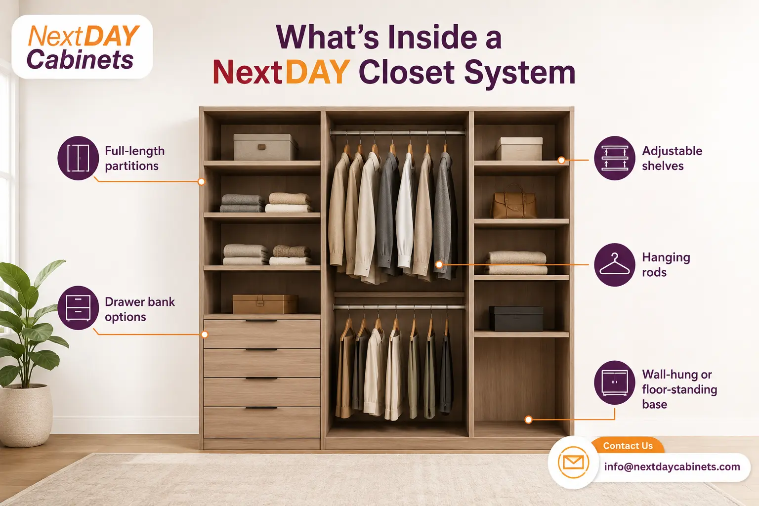 NextDAY closet system with full-length partitions adjustable shelves rods and drawer banks