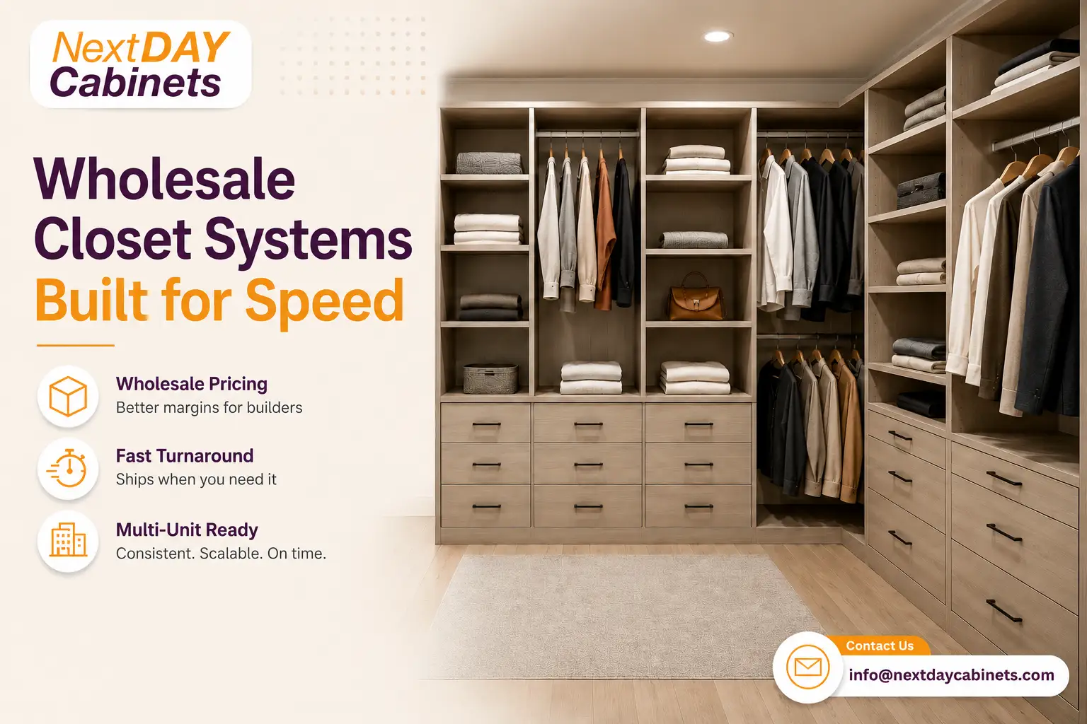 NextDAY wholesale closet systems built for fast contractor and multi-unit projects