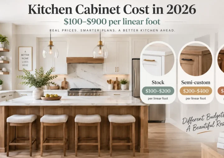 Modern kitchen showing stock, semi-custom, and custom cabinet price ranges from $100 to $900 per linear foot.