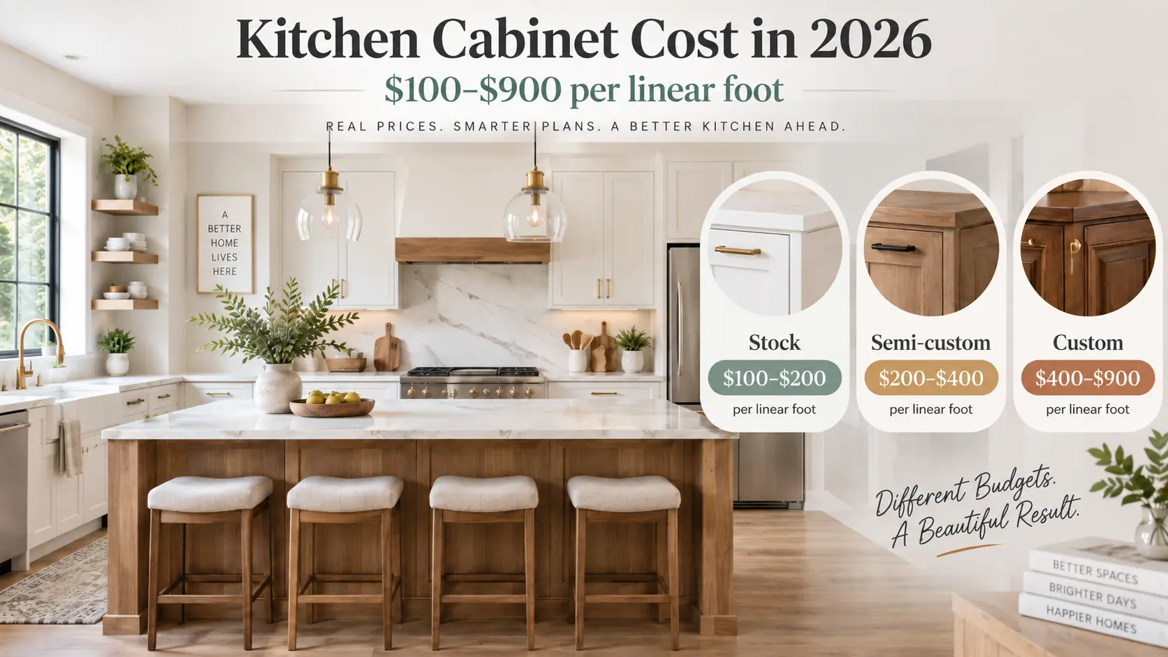 Modern kitchen showing stock, semi-custom, and custom cabinet price ranges from $100 to $900 per linear foot.