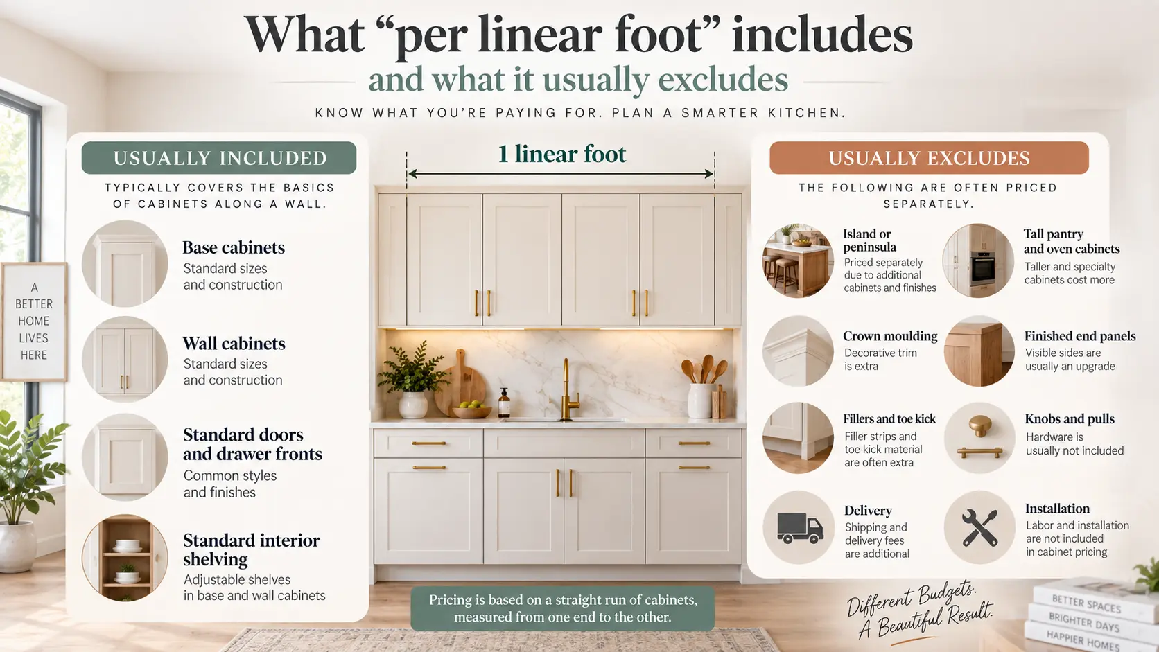 Diagram explaining what kitchen cabinet pricing per linear foot usually includes and which items are priced separately.