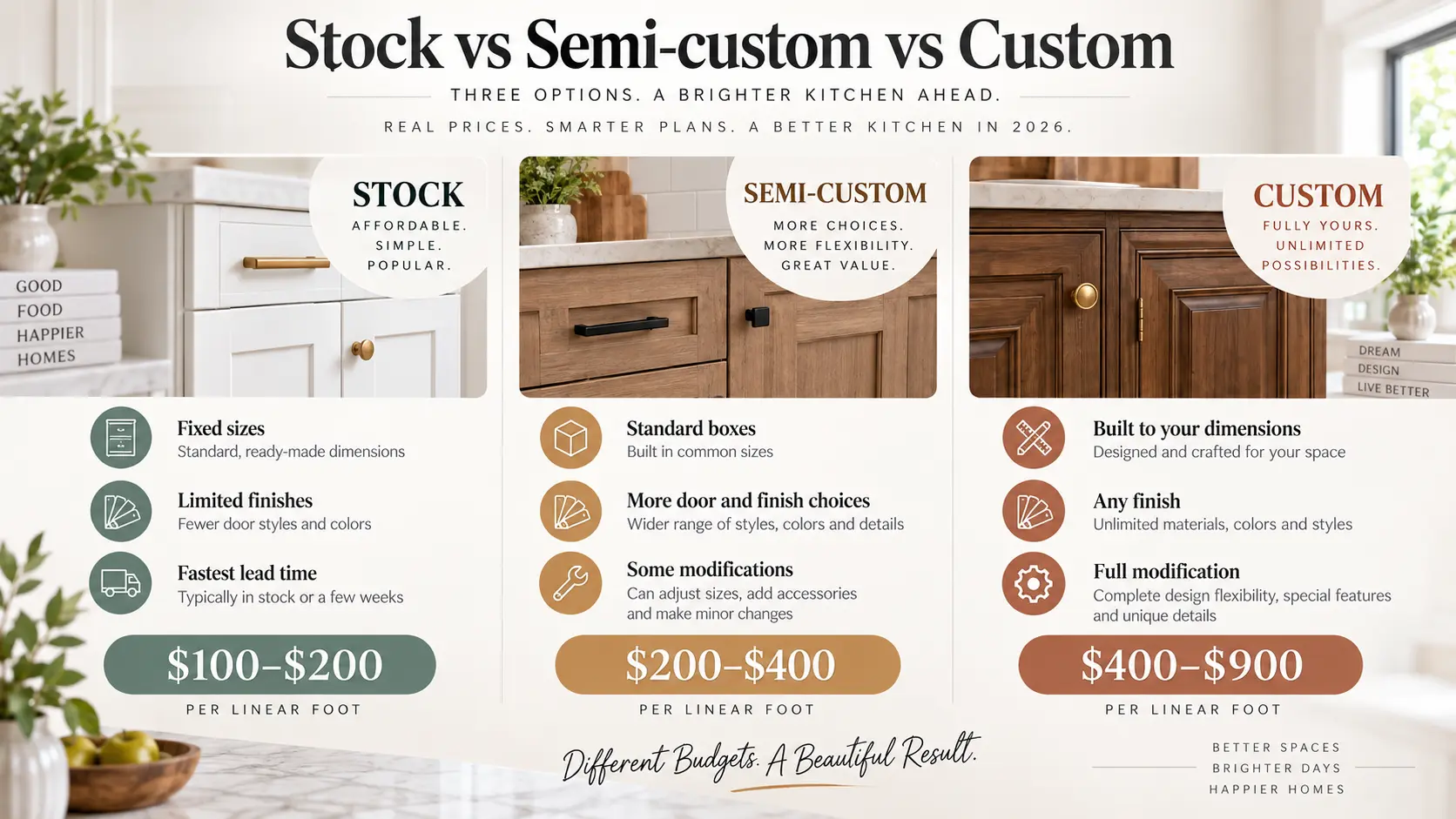 Comparison of stock, semi-custom, and custom kitchen cabinets with price ranges, finish options, sizing, and customization levels.