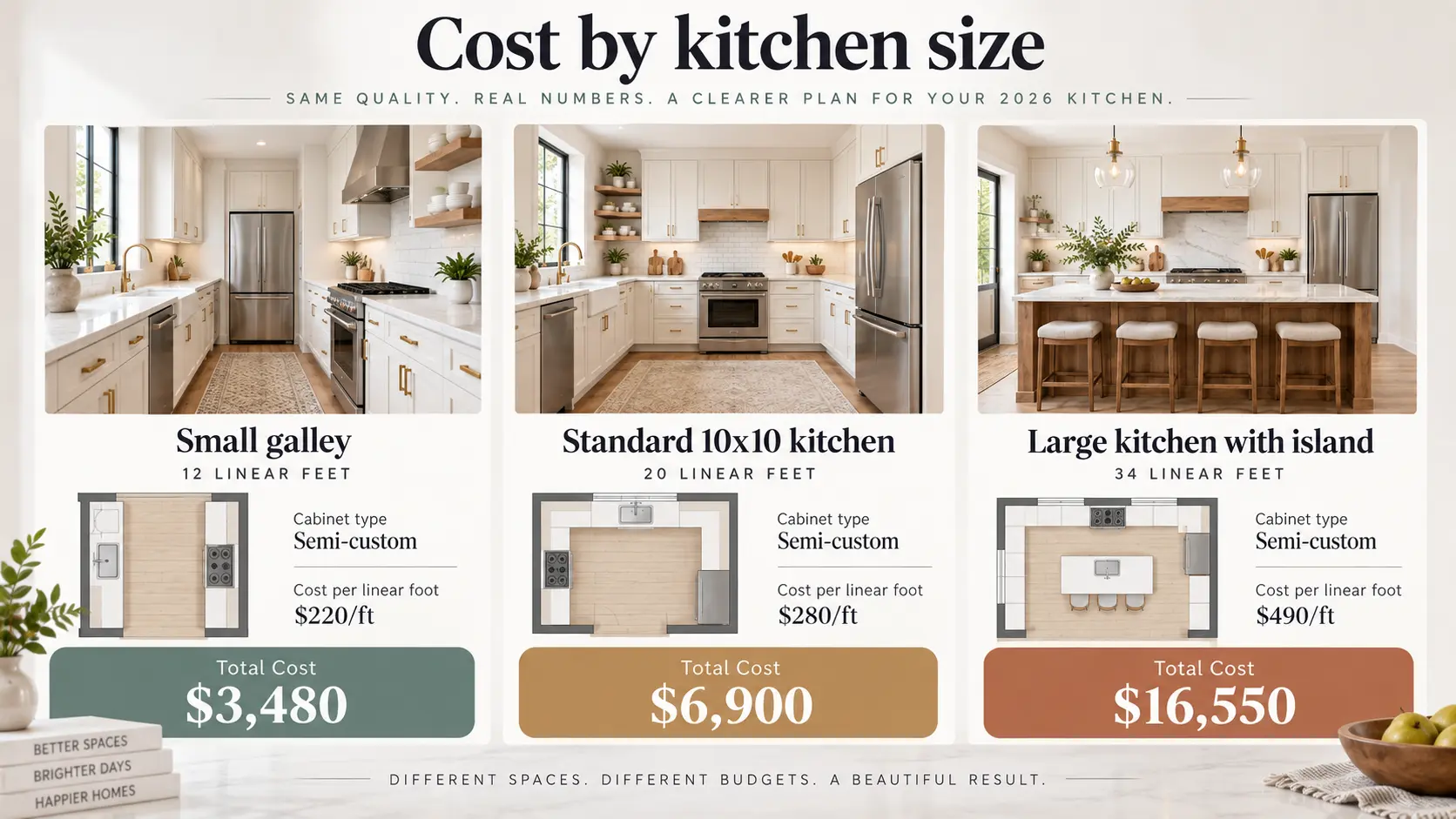 Kitchen cabinet cost comparison for a small galley, standard 10x10 kitchen, and large kitchen with island.