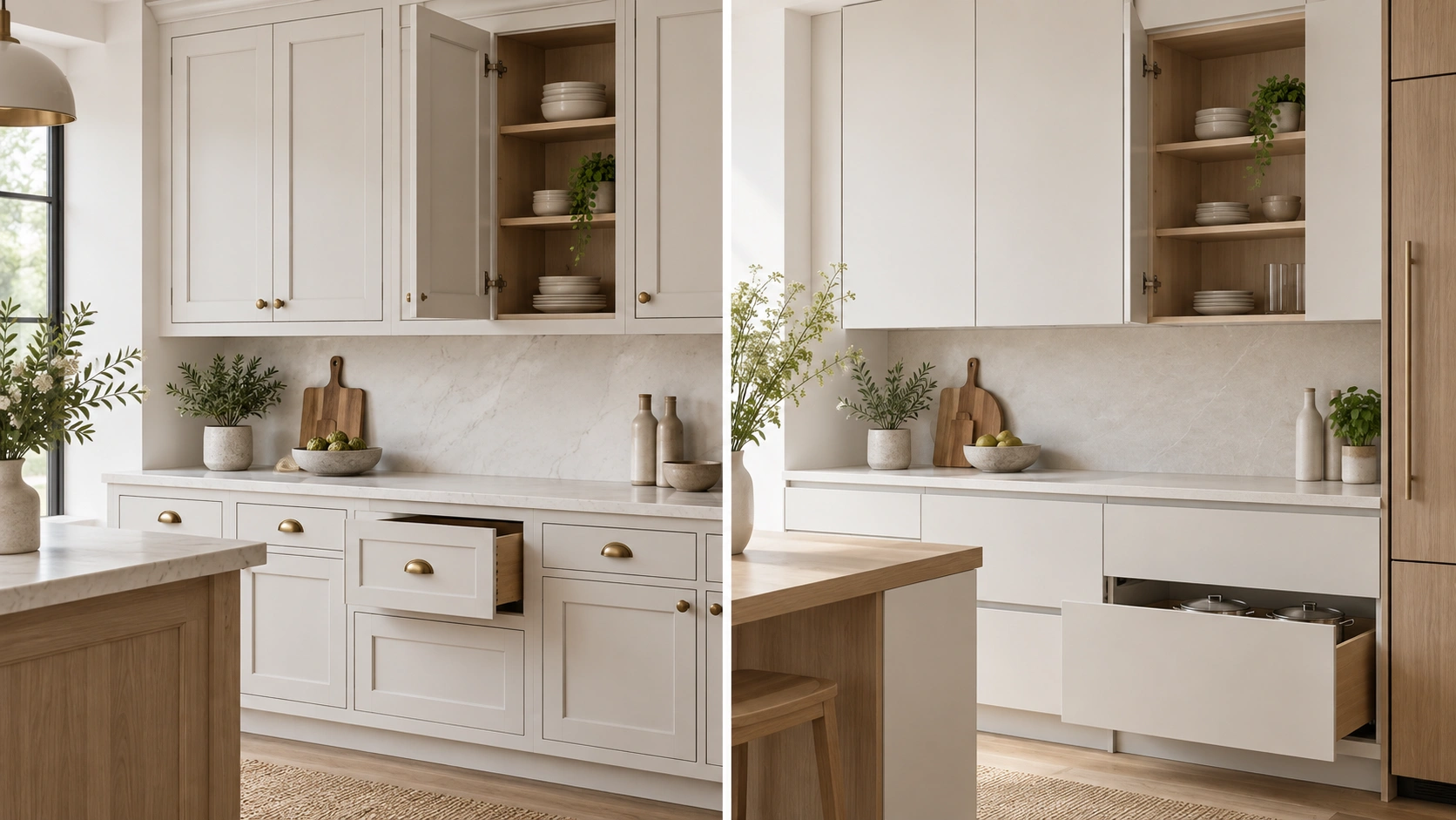 Side-by-side kitchens with framed shaker cabinets on the left and frameless slab cabinets on the right.