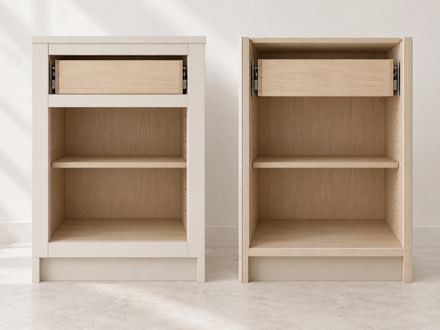 Two open cabinet boxes showing a face frame on the left and frameless construction on the right.