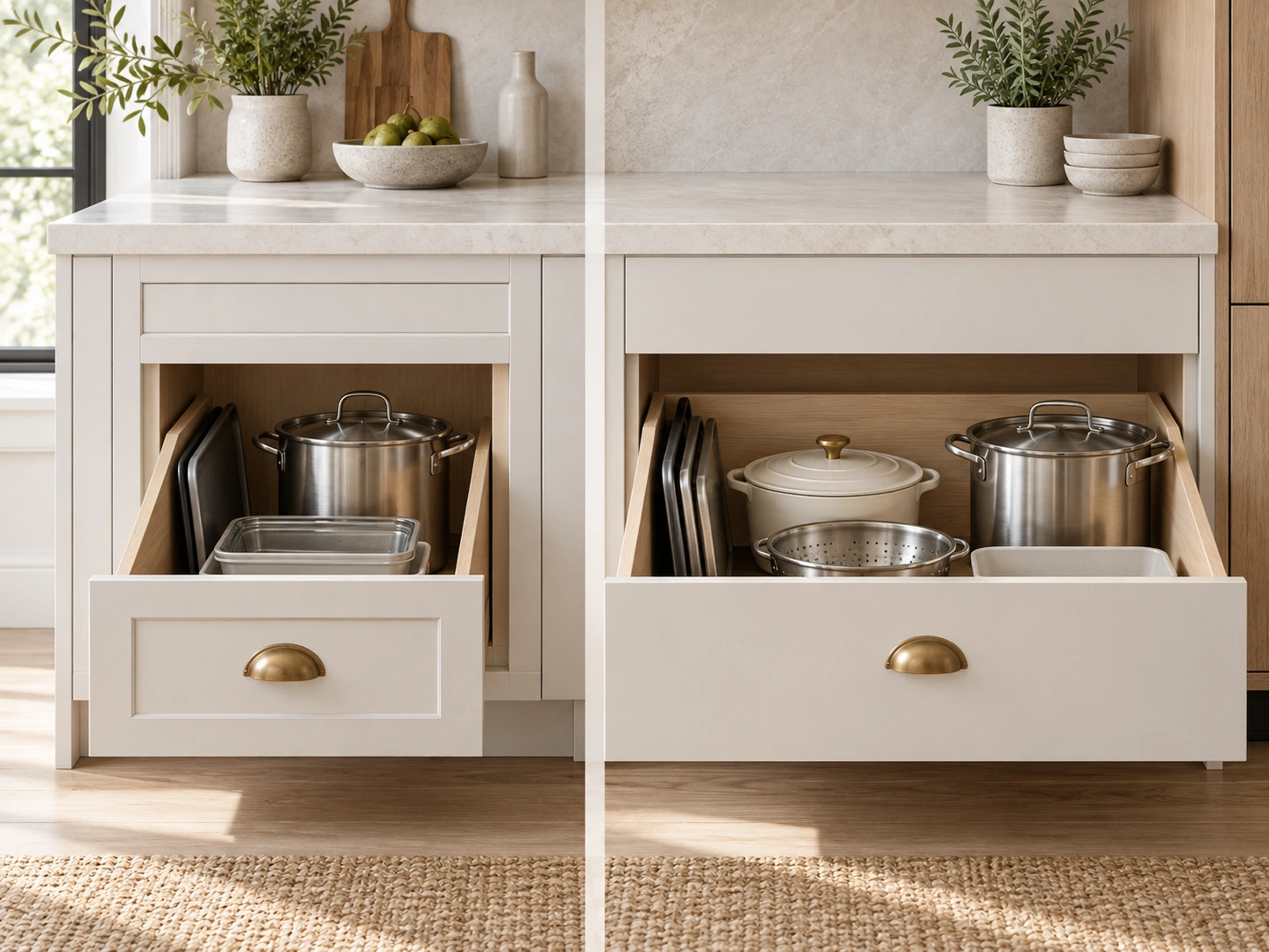 Three cream cabinet door samples showing different amounts of visible frame around the doors.
