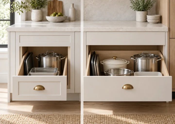Open framed and frameless kitchen drawers containing stockpots, baking trays and cookware.