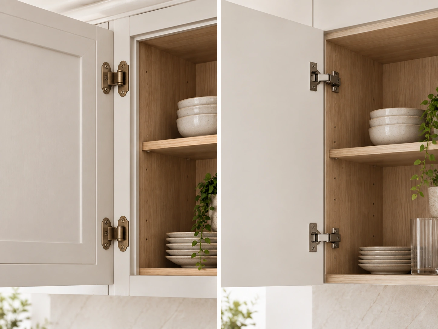 Open cabinet doors showing brass face-frame hinges on the left and concealed European hinges on the right.