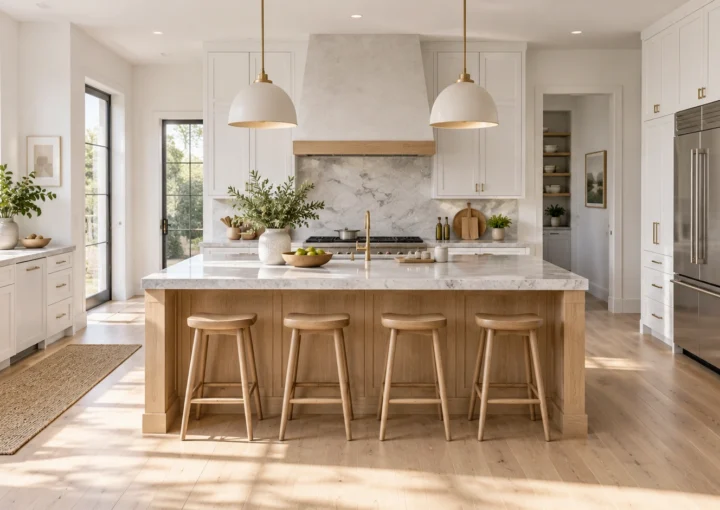 Bright modern kitchen with a central island and seating