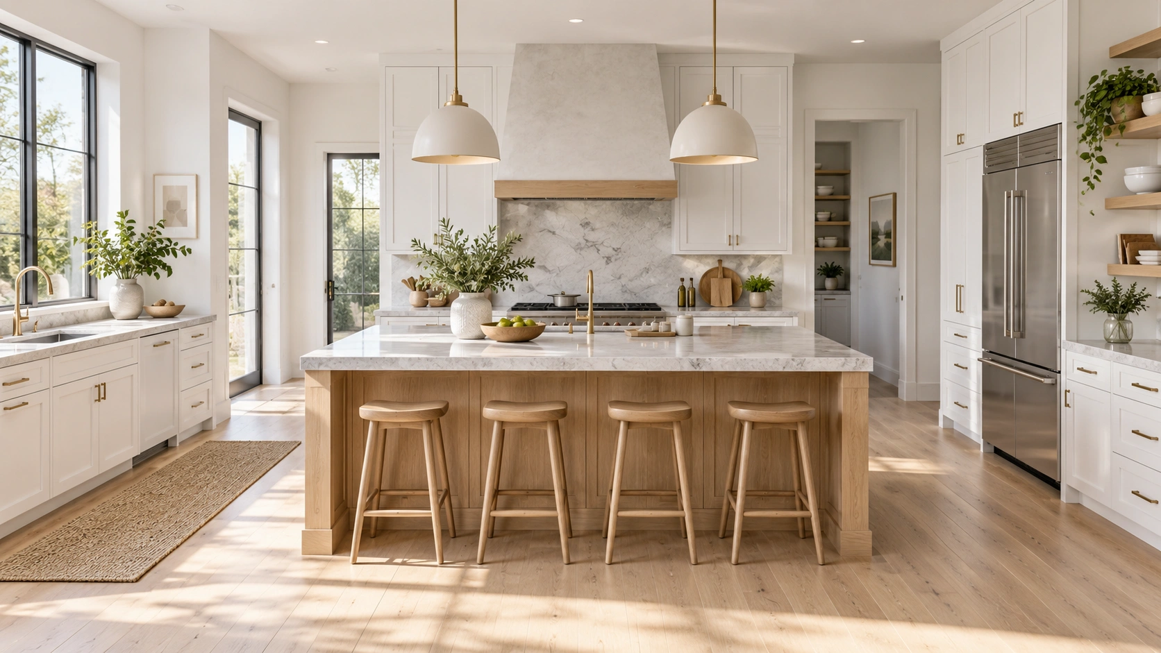 Bright modern kitchen with a central island and seating