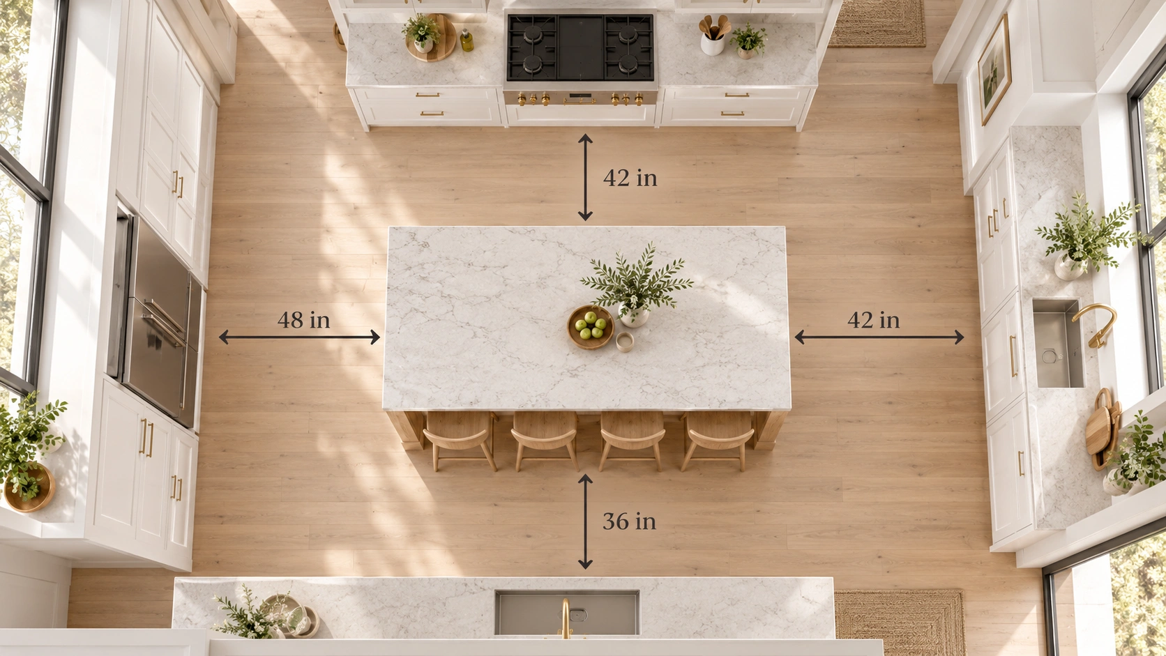 Kitchen island clearance diagram showing 36, 42 and 48 inch walkways