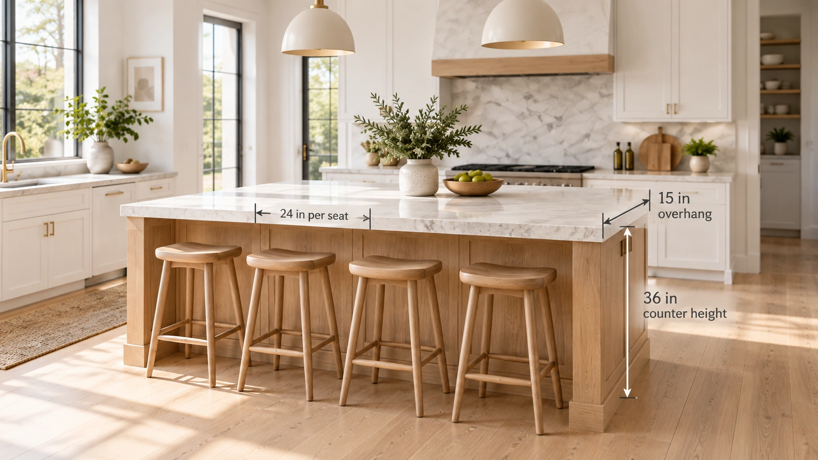 Kitchen island seating with 24 inch seat spacing and 15 inch overhang