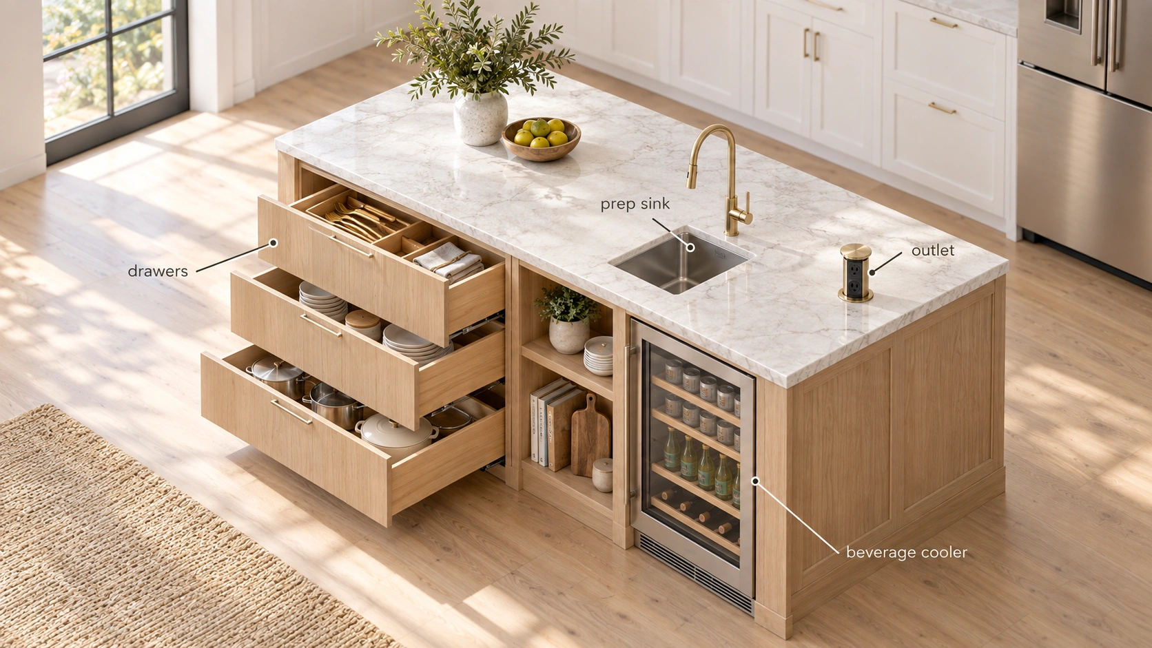 Kitchen island with drawers, prep sink, beverage cooler and outlet