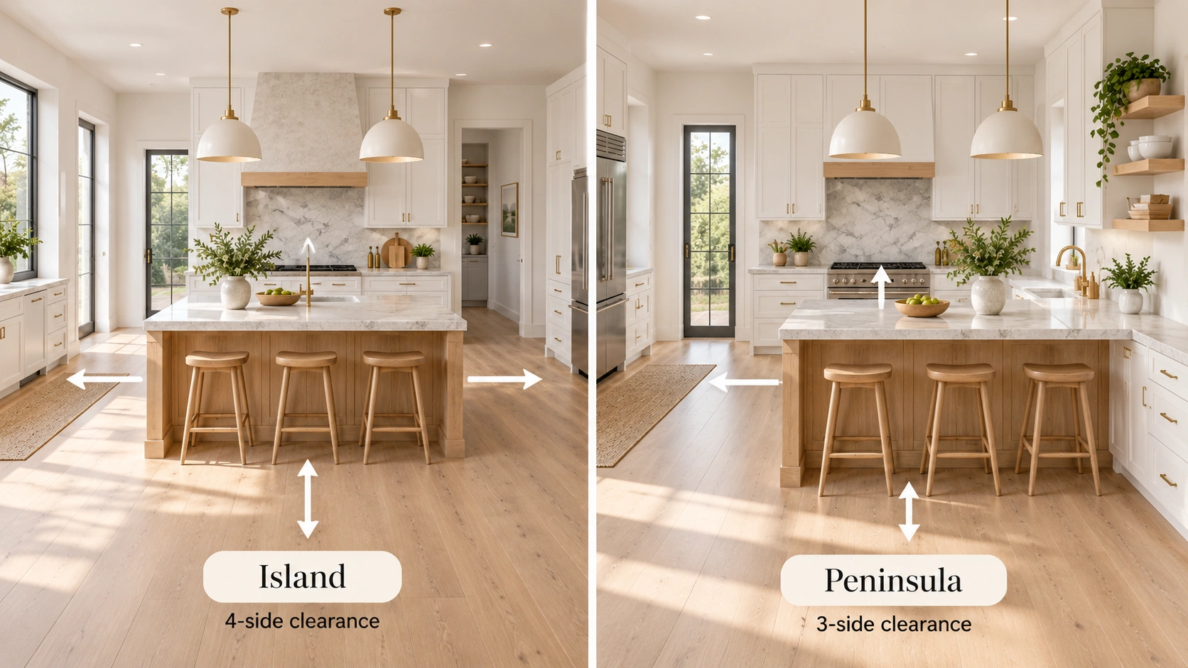 Side-by-side comparison of a kitchen island and peninsula layout